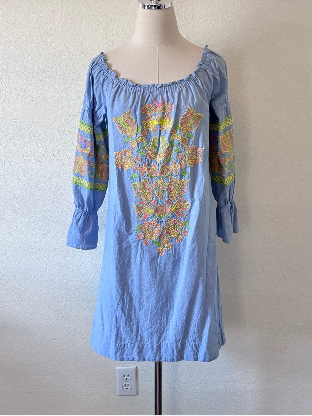 Ivy Jane Boho Dress Blue Chambray Embroidered Off Shoulder Tunic Size XS